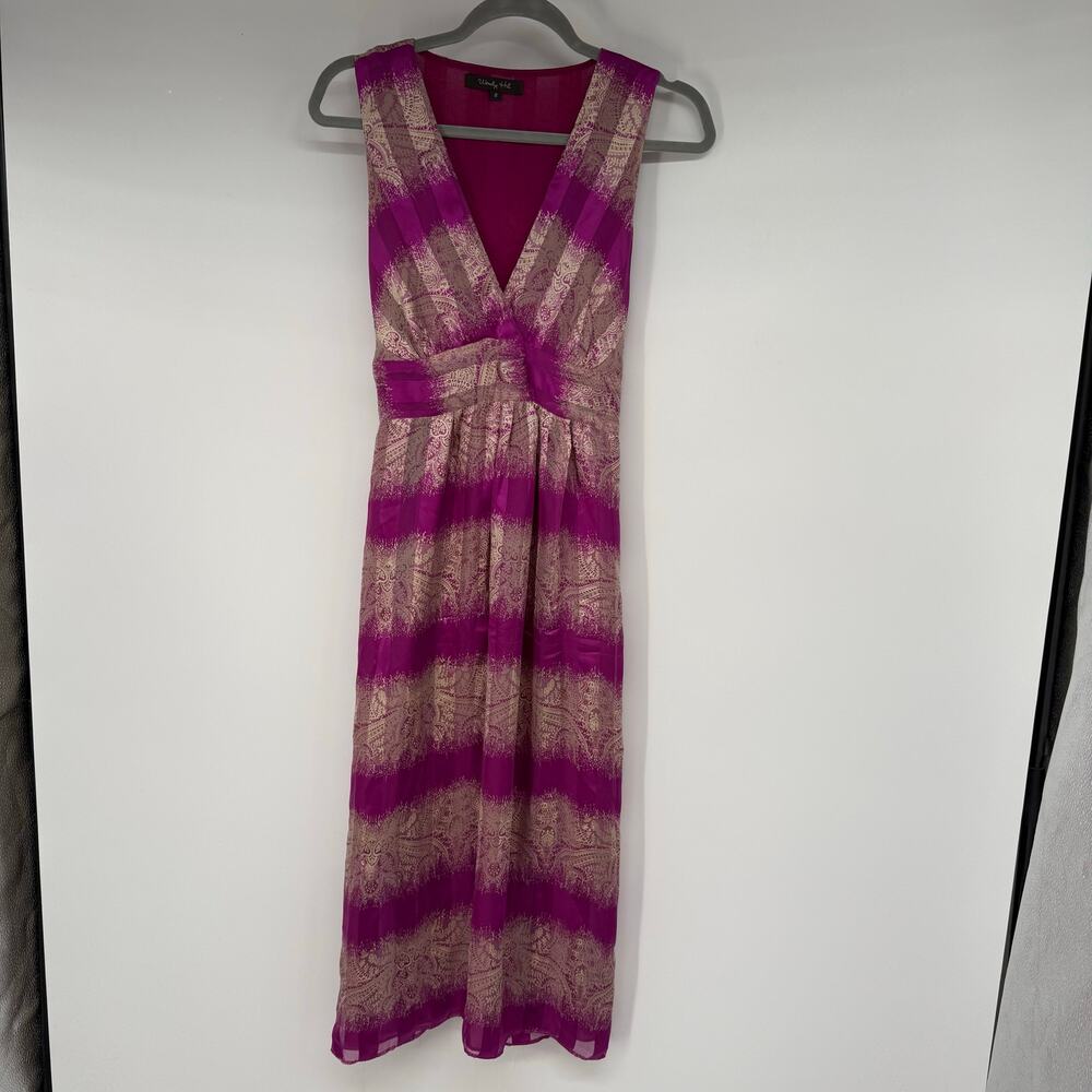 Wendy Hil Striped Printed Midi Silk Dress Women's Size 8 Pink V-Neck Parisian